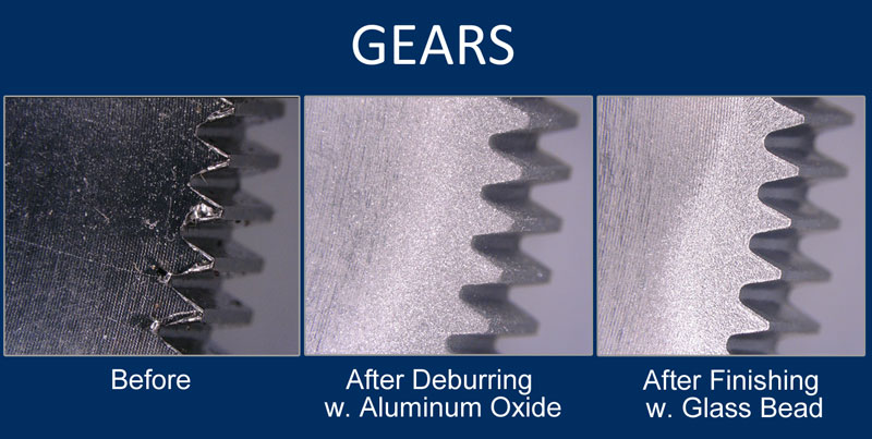 Gear surface, before and after deburring with aluminum oxide and finishing with glass bead