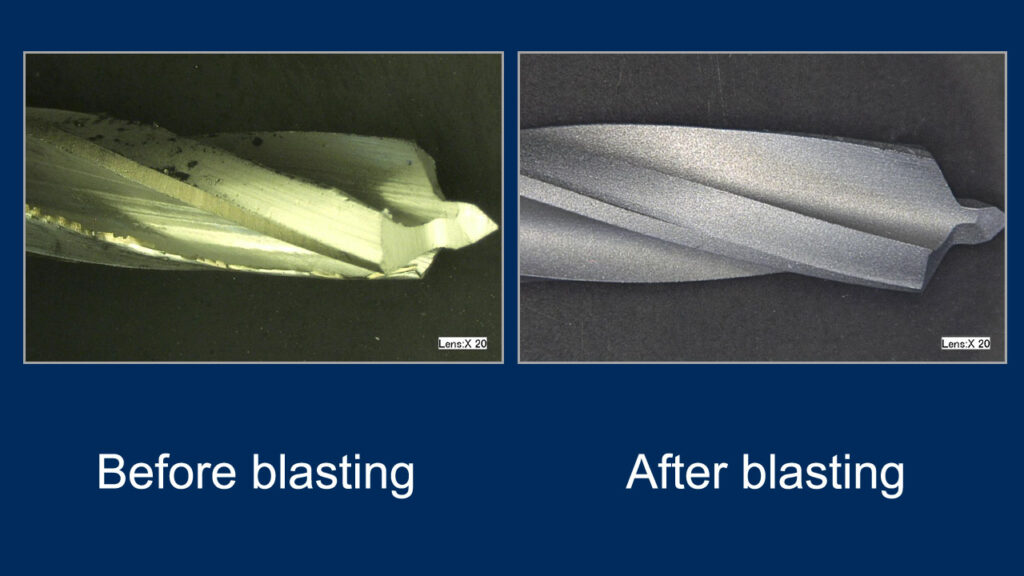 Drill bit before and after deburring with pumice.