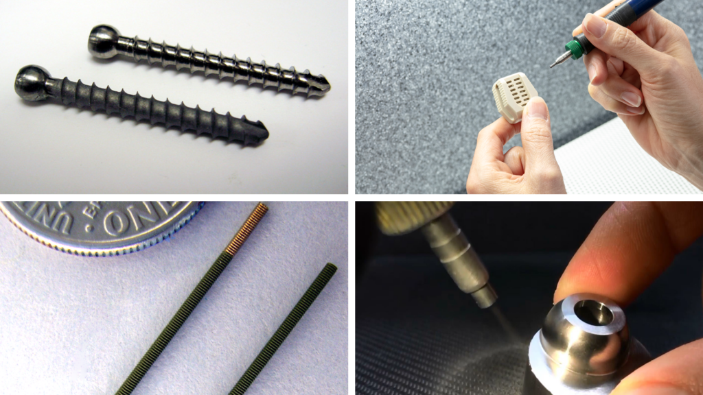 Multiple applications can be performed by the same AccuFlo. Pictured here are PEEK deburring, titanium deburring, wire stripping and bone screw texturing.