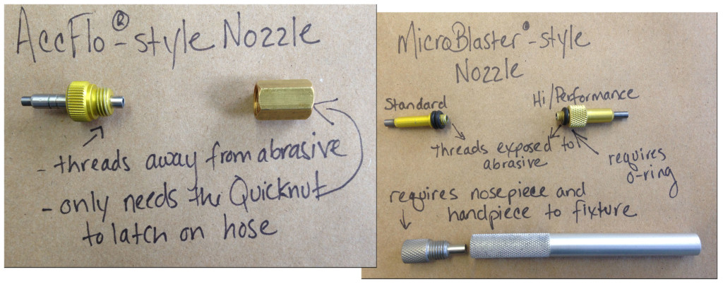 Comco AccuFlo nozzles have 2 pieces, while Microblaster nozzles require 3 pieces.