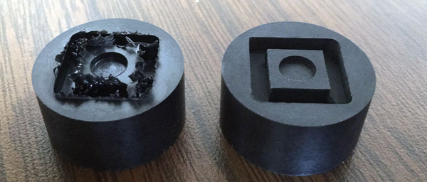 Before and after sample of black PEEK component; deburring with wheat starch.
