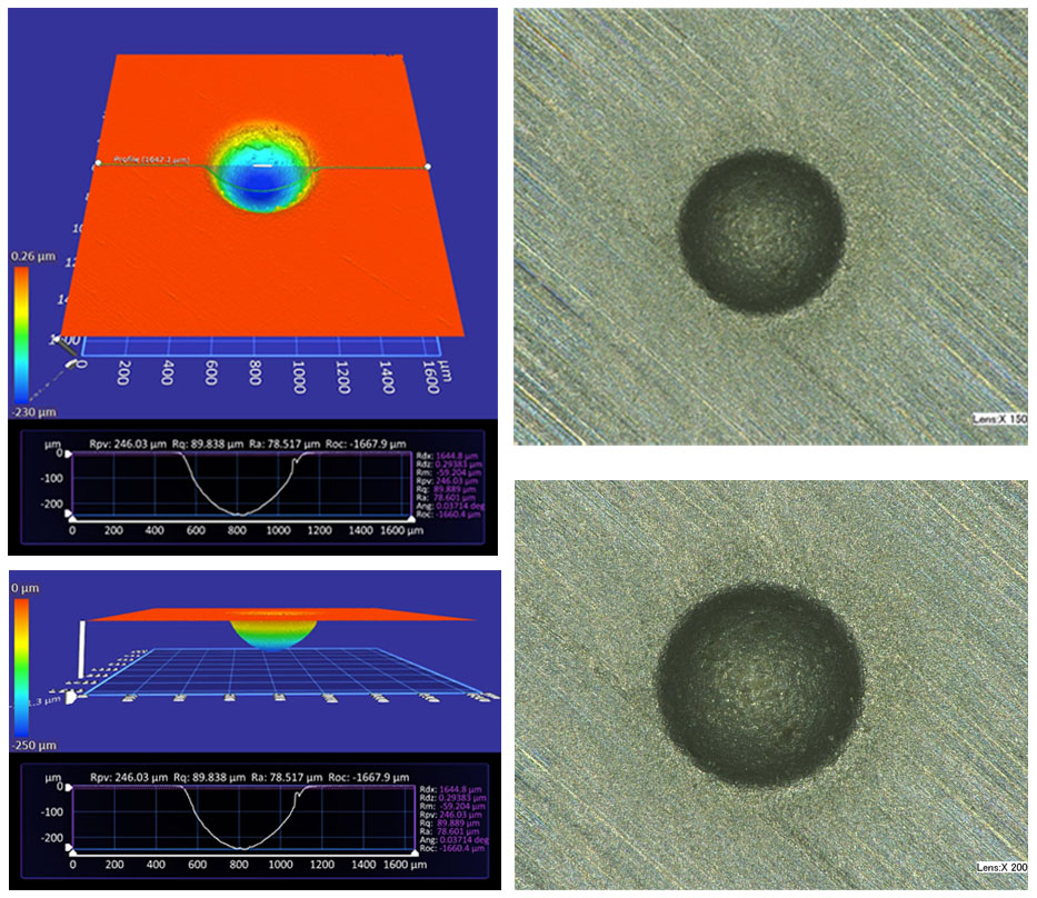 Optical (L) and actual (R, 150x and 200x) of an eroded spot on a silicon wafer (brittle).