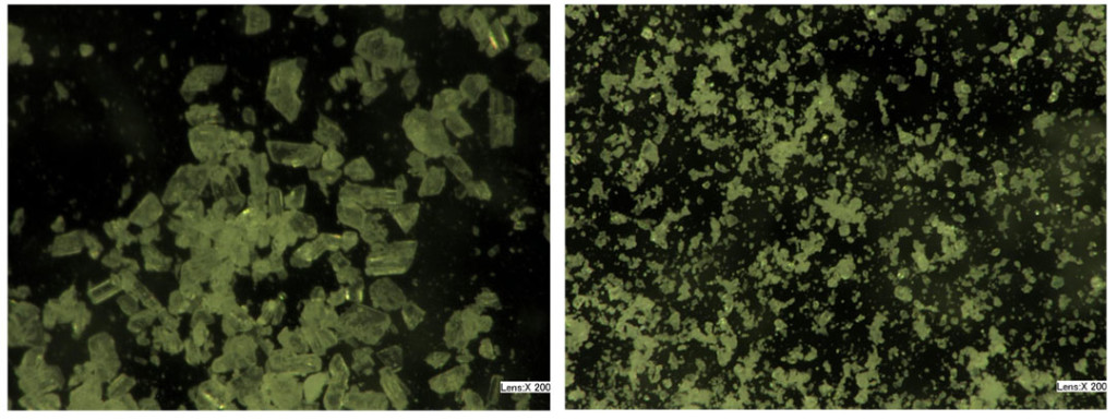 Fresh particles (L) and recycled particles (R) of sodium bicarbonate abrasive media.