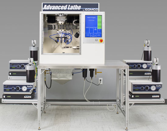 Comco Advanced Lathe MicroBlasting System powered by four AccuFlo blasters