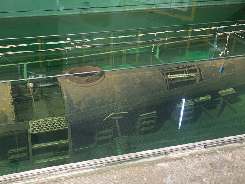 H.L. Hunley, submerged, during research and restoration at the Warren Lasch Conservation Center